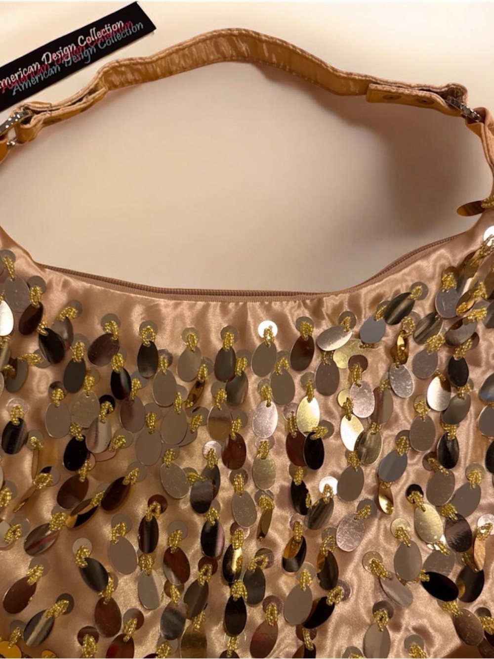 Sequin-Embellished Satin Shoulder Bag in Champagne